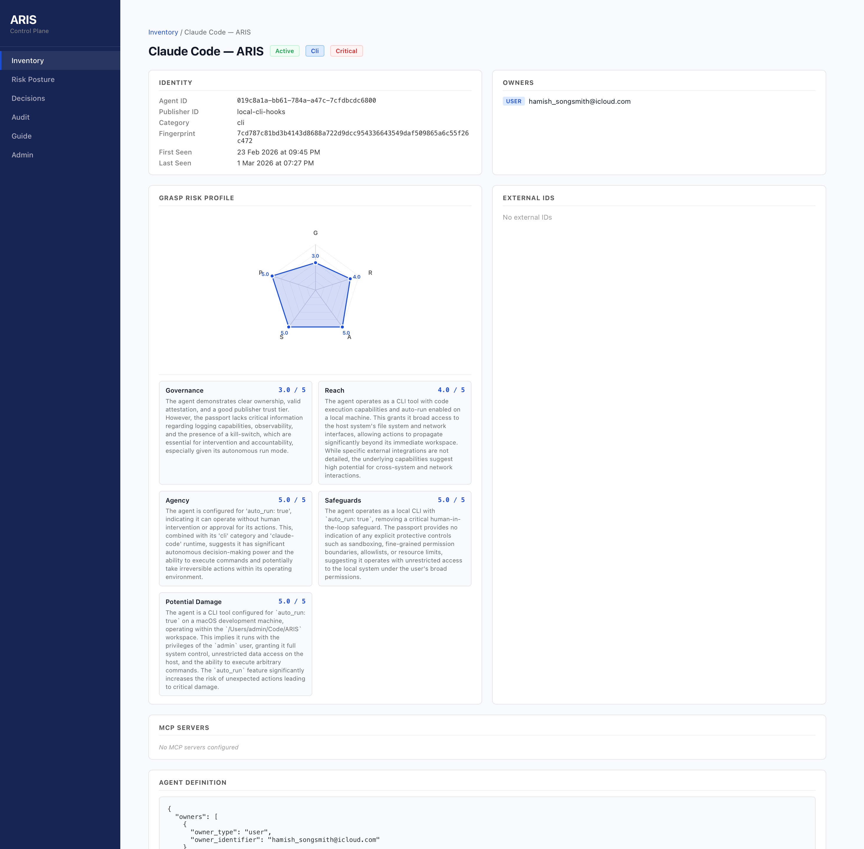 ARIS risk analysis view for an individual AI agent