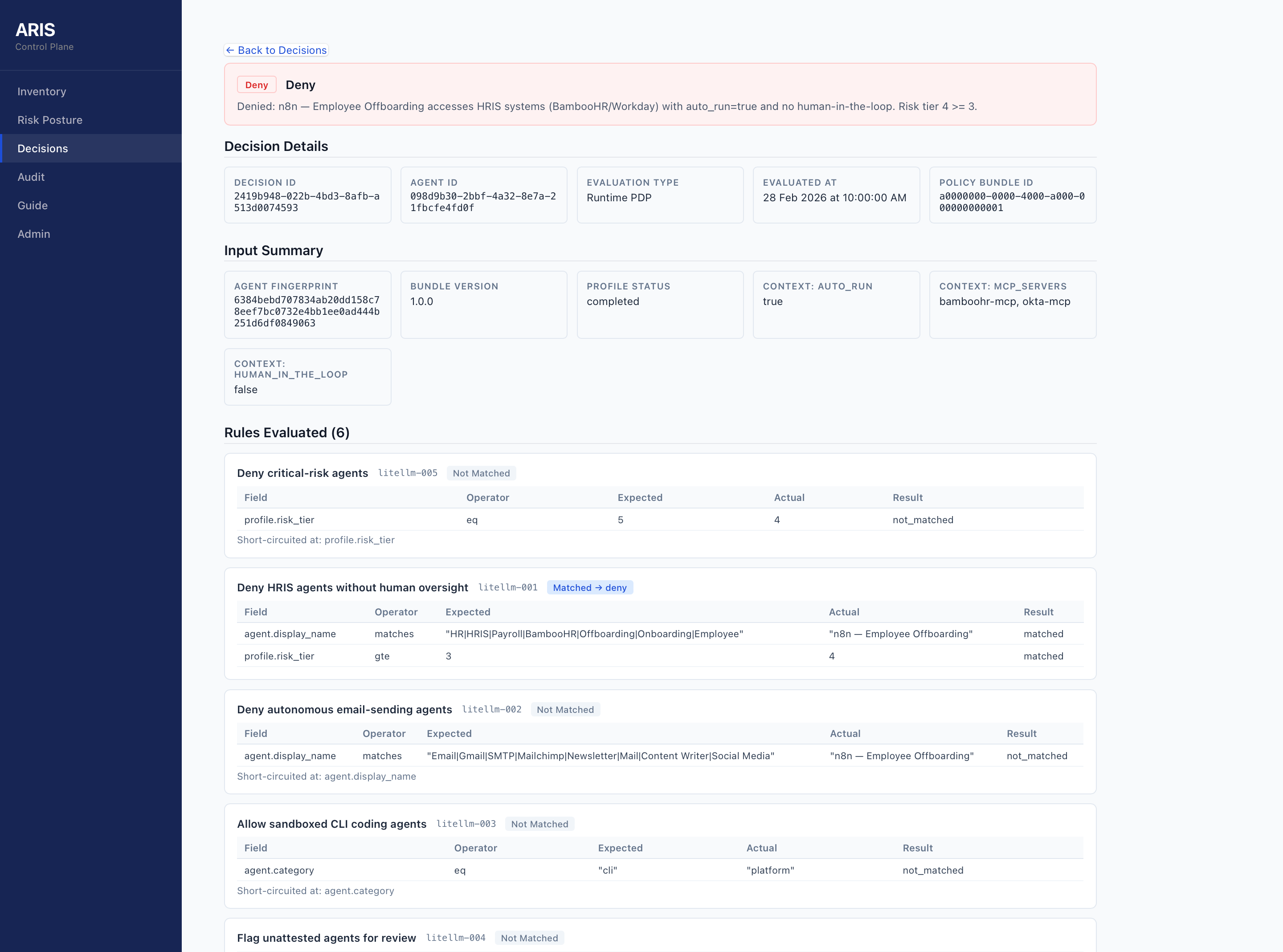 ARIS policy configuration screen showing guardrails and enforcement rules
